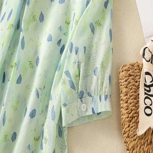Image of Gufrina Women's Sea Green Leaf Printed Western Shirt with Button Down Front, Puff Sleeves and Relaxed Fit Design