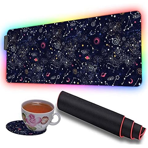 RGB Soft Gaming Mouse Pad Large and Coaster Set,Oversized Glowing Led Extended Mousepad,10 Lighting Modes,Non-Slip Rubber Base Computer Keyboard Pad Mat,31.5X 11.8in,Space Galaxy Cover