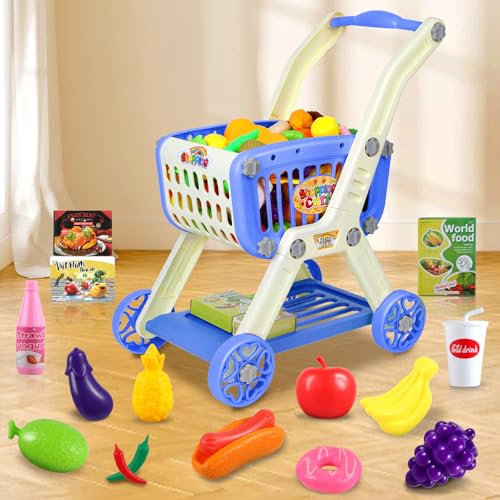 image for Ming You Kids Shopping Cart - 2 in 1 Toy Shopping Cart with Play Food 