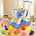 Kids Shopping Cart - 2 in 1 Toy Shopping Cart with Play Food Fruit Vegetable Dessert and Shop Accessories, 72pcs Pretend Play Grocery Store Toy Kitchen Game Trolley Play Set for Kids (Navy Blue)