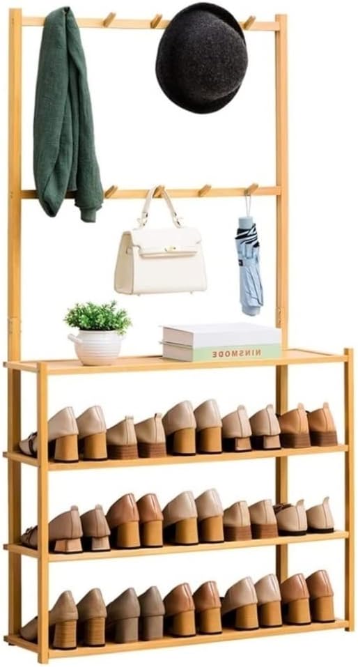 シューズラック 靴箱 スリム 省スペース フック収納棚付き4段竹靴ラックオーガナイザー靴ラック多目的ディスプレイラックプラントラック