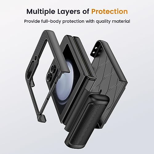 Nuleto For Galaxy Z Flip 5 Case With Hinge Protection And Built-In Screen Protector, Full Body Shockproof Protective Phone Case For Samsung Galaxy Z Flip 5, Carbon Fiber Black thumb #5