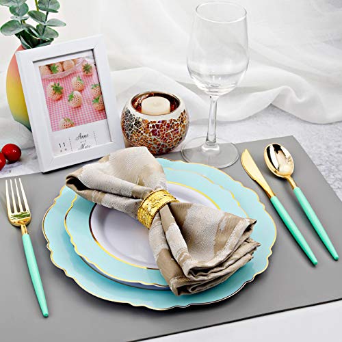 Wdf 30Guest Mint Green Plastic Plates & Disposable Gold Plastic Silverware With Green Handle-Baroque Green &Gold Plastic Dinnerware For Upscale Wedding &Parties #TOP4