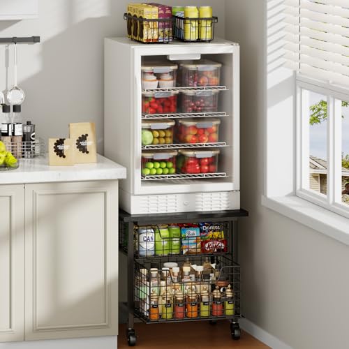 Image of Mini Fridge Stand with Storage, Small Refrigerator Stand with 2 Drawers, Mini Fridge Shelf Cabinet-Max Load 300 LBS Heavy Microwave Stand Mini Fridge Cart for Dorm, Apartment, Kitchen, Black