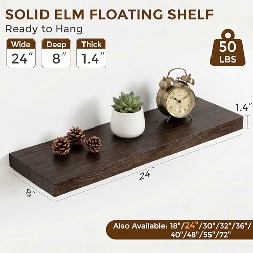 Image of Dreamland Floating Shelves 24 Inch Long for Wall Decor, Rustic Solid Elm Wood Floating Shelf Wall Mounted, Wall Shelves Set of 2 with Invisible Bracket for Living Room Bathroom Bedroom Kitchen, Walnut
