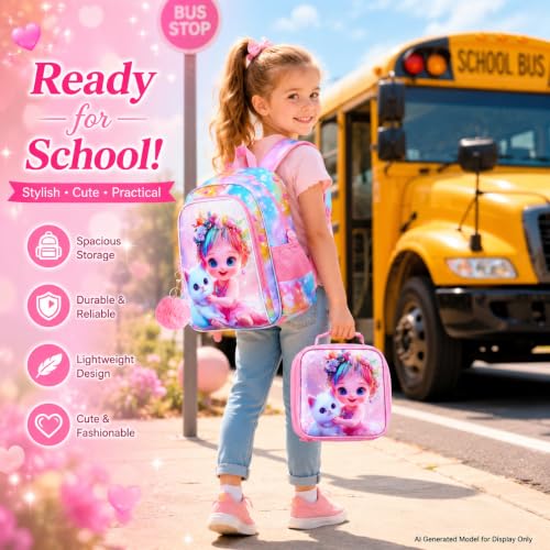 Image of 16 inch Cat Backpack for Girls, 3Pcs School Bookbag with Lunch Box, Kids Backpacks Set for Elementary Preschool Kindergarten(Pink)