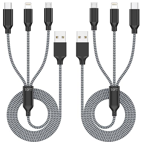 Long Multi Charging Cable 10ft 2Pack 3in1 Charger, Multiple Cord iPhone Charger Lightning Wire Nylon Braided MFi Certified Universal for Apple USB Type c Micro Phone