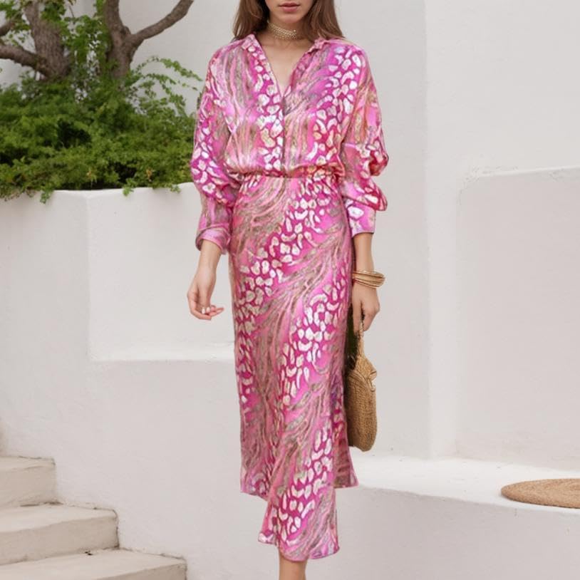 Women's 2 Piece Floral Print Skirt Set Outfits Elegant Long Sleeve Lapel Shirt and Bodycon Midi Skirt Matching Set2