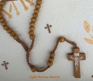Wood Rosary Necklace with Round Beads and Cross