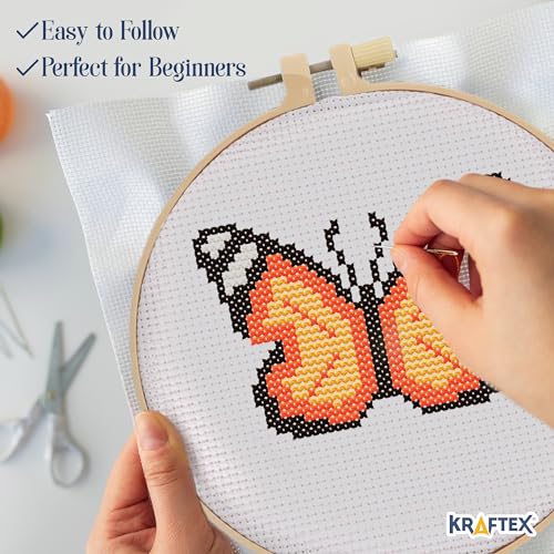 Image of Kraftex Floral Stamped Cross Stitch Kits for Beginners - 3 Pack. DIY Embroidery Needlepoint Patterns for Adults. Easy Cross Stitch Kits for Beginners (Garden Creatures)