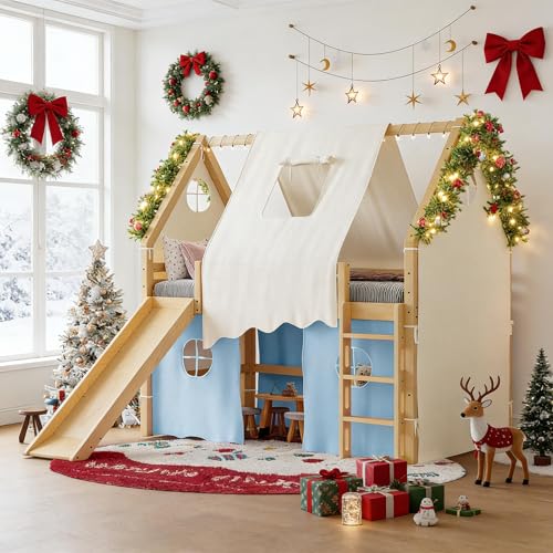 Catálogo de Literas Matrimoniales de Madera los mejores 5. 45 KMBOHE - Cama Tipo Loft de tamaño matrimonial con diseño de casa para niños, Marco de Cama de Madera Maciza con escaleras y tobogán, Luces y alféizares y Tiendas de campaña,...
