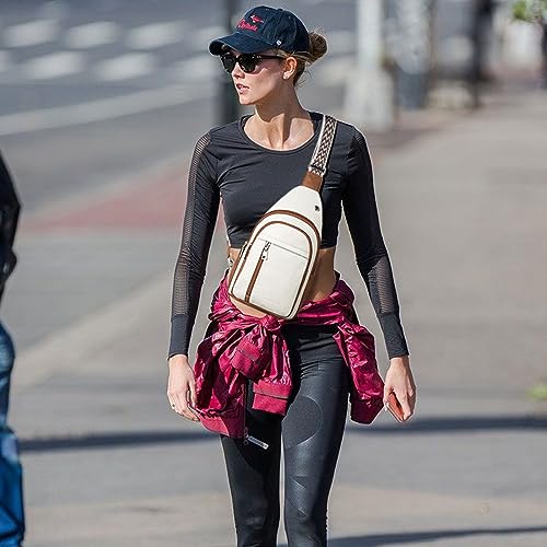 Image of BOSTANTEN Sling Bag Cross Body Bag Trendy Leather Crossbody Purse with Adjustable Guitar Strap for Travel, Beige