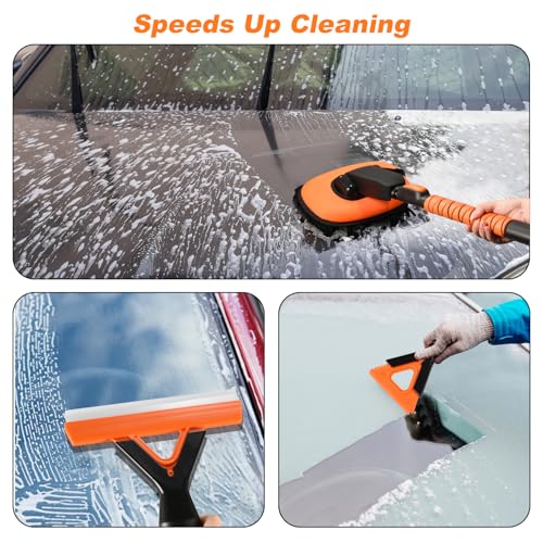 Dutywand 60\'\' Car Wash Brush with Ice Scrapers, 5 in 1 Multi-Functional Car Cleaning Brush Kit, 180 Degree Folding and Extendable Car Wash Mop, Soft Car Brushes for Washing Exterior RV Truck Camper