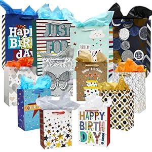 Yuroochii 12-Pack Gift Bags with Handles and Tissue Paper – 8 Small (9″) + 4 Medium (12″) Assorted Sizes for All Occasions, Reusable Paper Bulk Gift Bags for Birthday, Baby Shower, Wedding, Party