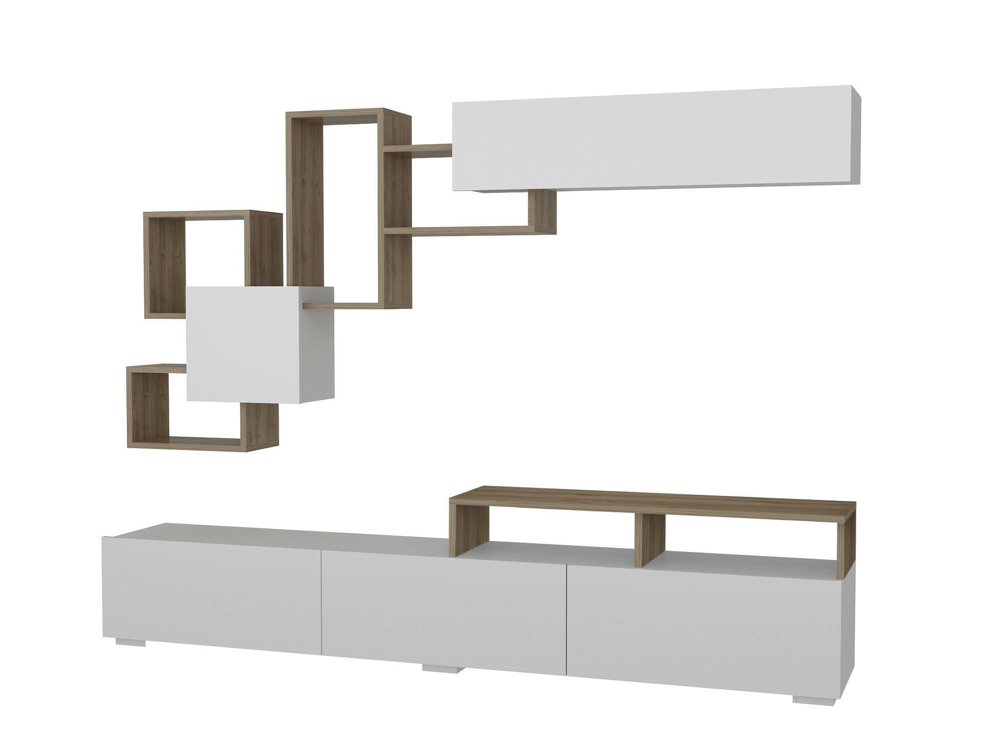 Dmora - Parete attrezzata Thalassa, Composizione soggiorno, Mobile salotto multiuso, Armadio porta TV, 210x37h47 cm, Bianco e Noce