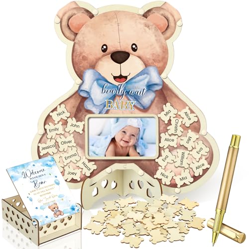 Image of Wenqik 63 Pcs Bear Baby Shower Guest Book Alternatives Set Baby Shower Decorations with Photo Frame Sonogram Frame Keepsake 60 Wood Slices Guest Book for Birthday
