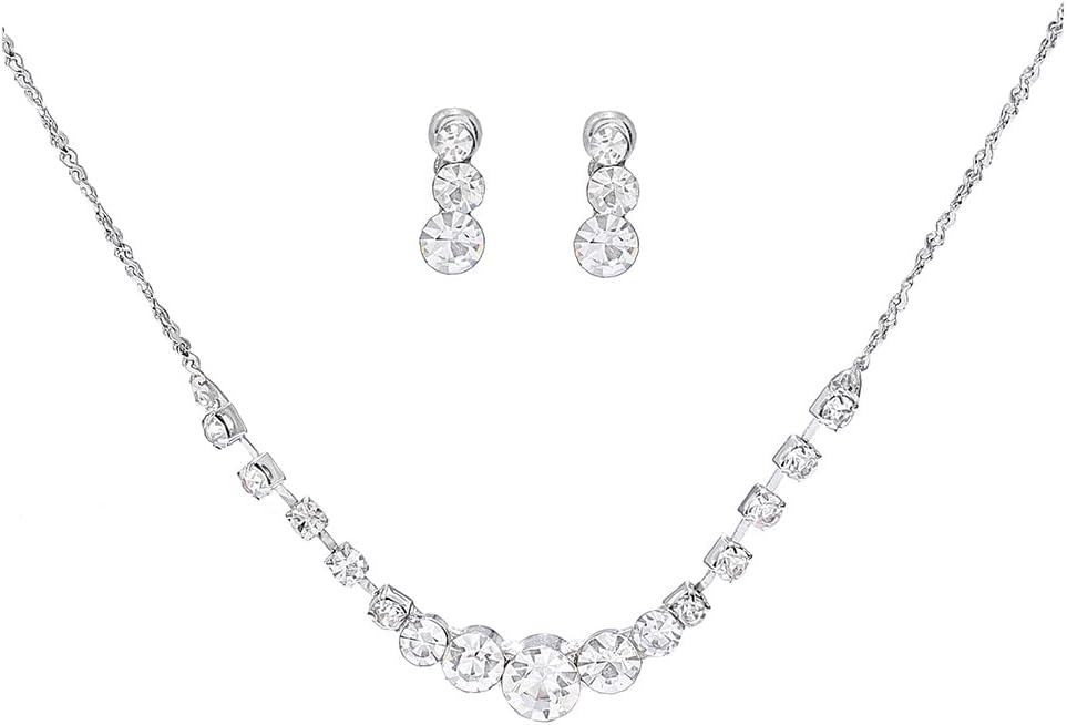 Bridal Jewelry Crystal Rhinestone Set for Wedding Prom Silver Pendant Necklace and Earrings Sets Simple for Women Bride Bridesmaids Graduate Birthday