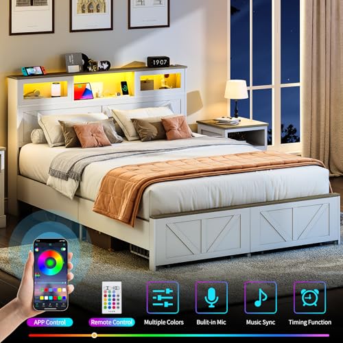 Image of Yoobure Farmhouse Queen Bed Frame with Headboard - Bed Frame Queen Size with Charging Station & LED Lights, Wood Bedframe Queen-Size with 2 Storage Drawer, Platform Beds, No Box Spring Needed, White