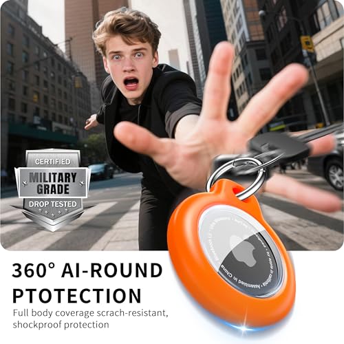 Image of RFUNGUANGO Apple AirTag Holder with Key Ring 4 Pack AirTag Case | Hard Protective AirTag Case for Kid, Pet, Luggage, Backpack, Key - Black /Orange /Blue /Red