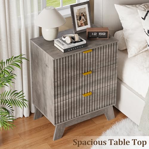 Image of Fluted Nightstand with 3 Large Drawers, Wooden Side End Table with Elevated Legs for Easy Cleaning, Sturdy Modern Beside Table for Small Space, Bedroom, Grey, 24 inch L