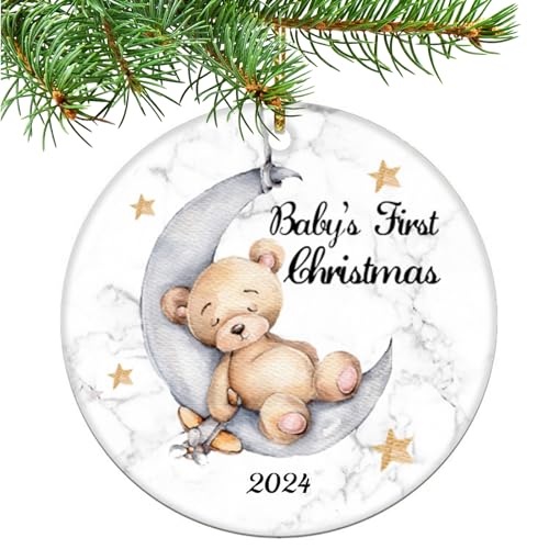 Baby's First Christmas 2025 Boy Bear on The Moon Baby Ornament Christmas Wedding Decoration Baby Ornament Newlywed 2025 (Yellow and White Baby Bear)