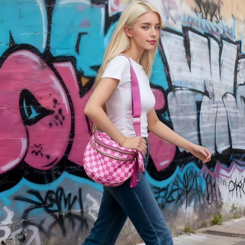 Image of Checkered Crossbody Bum Bags for Women, Nylon Sling Bags with Shoulder Strap, Large Capacity Checkered Purse Bag