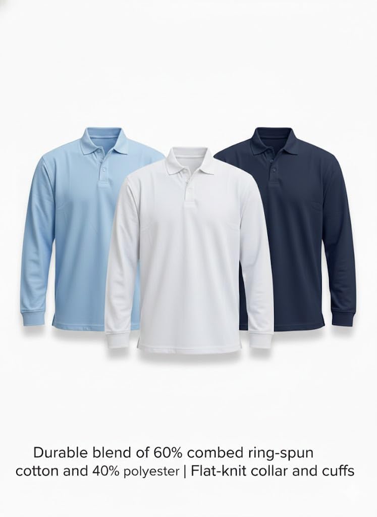 ClassExceed Boys School Uniform Pique Polo Long Sleeves, Tagless Cotton Blend for Toddlers & Youth (Navy, Light Blue, White)