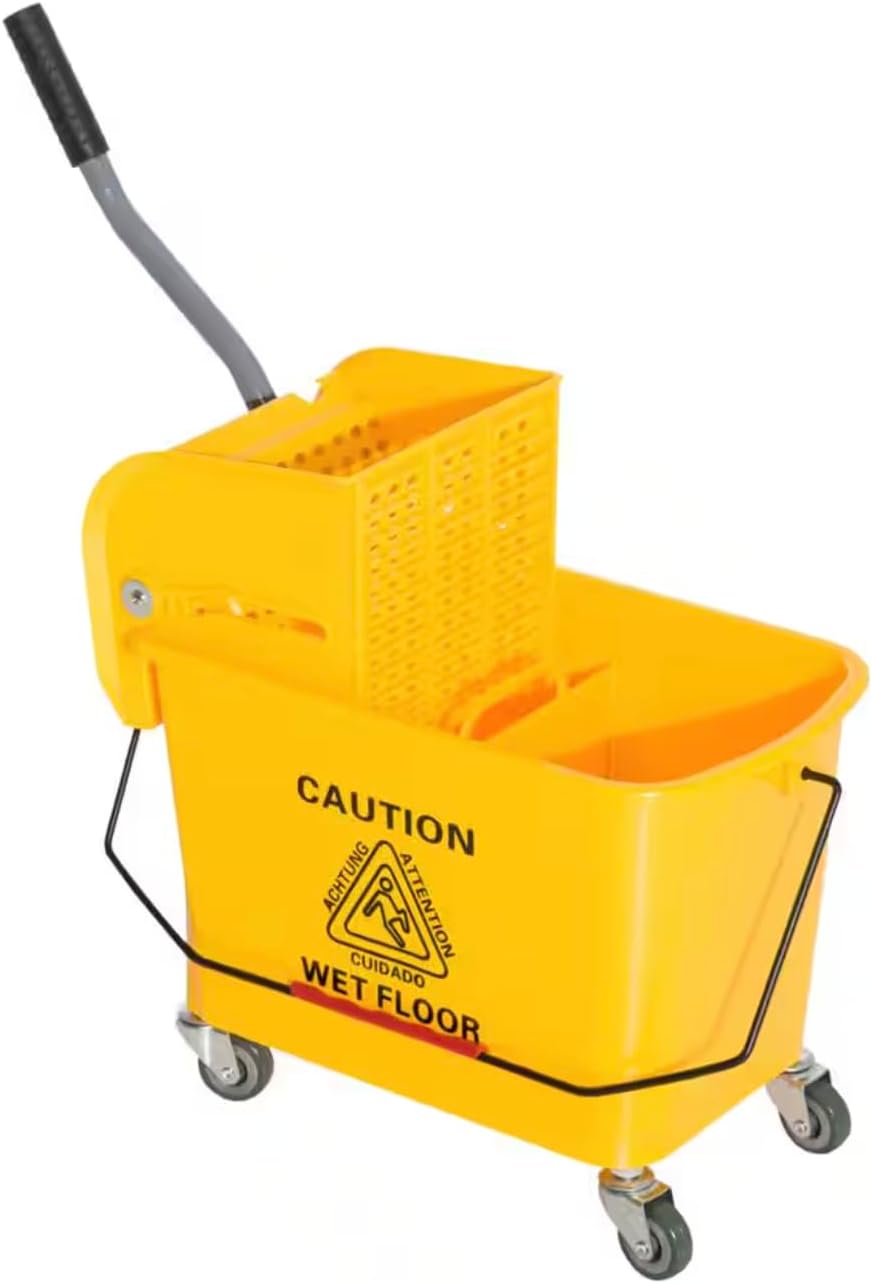 Commercial Grade 5 Gallon Yellow Plastic Mop Bucket with Down Press Wringer and Wheels PT11580