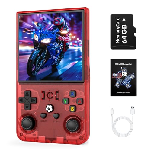 Image of R36MAX Retro Handheld Game Console, 4.0 inch Retro Gaming Console with 64GB Memory, Portable Retro Video Games Console, 4000mAh Battery, Support 30+ Emulators, Transparent Red
