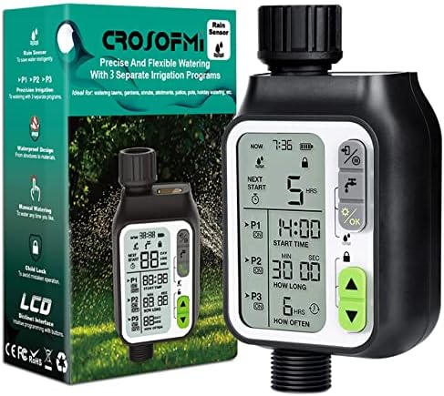 CROSOFMI Sprinkler Timer,Water Timer with 3 Separate Watering Programs and Rain Auto Sensor Function,Garden Lawn Hose Faucet Timer Irrigation System Controller/Child Lock/Rain Barrel/3.5' HD Screen