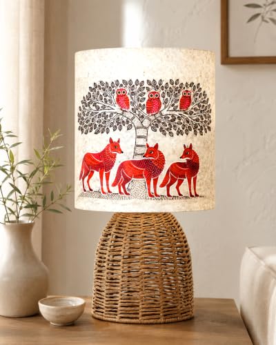 Image of Homesake Handwoven Rattan Table Lamp with Gond Art Printed Fabric Shade, Decorative Raffia Oval Bedside Lamp, Boho Cane Table Lamp with E27 Holder, Living Room & Bedroom Home Decor