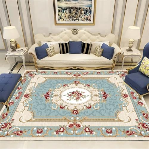 Tapis bleu décoration florale grand format 200x260cm salon lavable