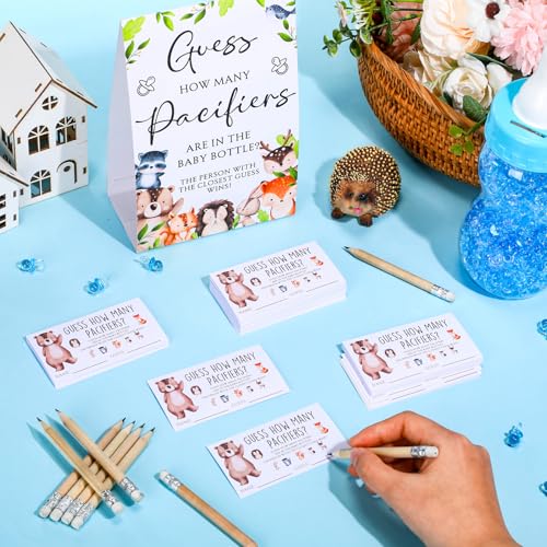 Image of Roowest 512 Pcs Baby Shower Games Guess How Many Pacifiers Sign 100 Small Guessing Games 10 HB Pencils 750ml Milk Bottle 400 Acrylic Pacifiers Decoration for Guest Gender Reveal(Bright,Woodland)