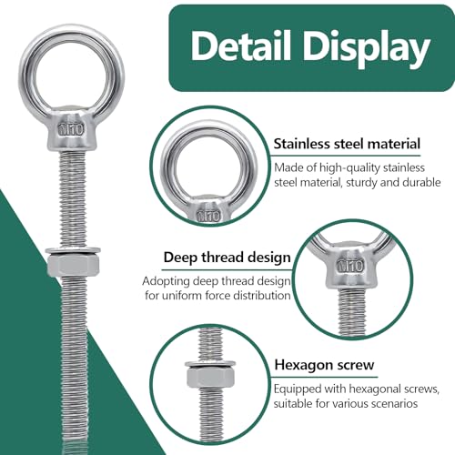 Augenschraube, Ösenschraube Ringschrauben lang M10 x 120mm, Schraubösen Augbolzen Schraubösen Edelstahl für Befestigens und Aufhängung (2 Stück)