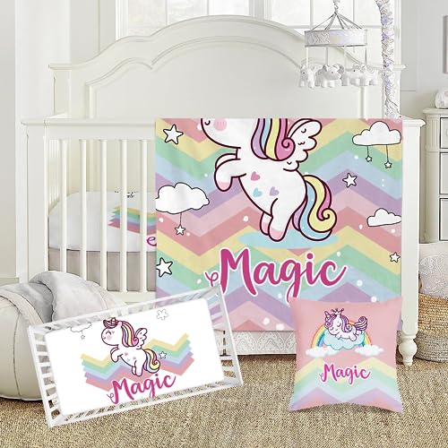 Dyoart Personalized Animal Crib Bedding Set for Toddlers Kids - Customized Name Double Layer Blanket Set for Baby Boys Girls - 3 Pcs Baby Crib Sets, Fitted Crib Sheets Set (Style 03)