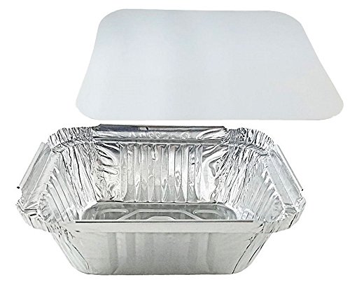 PACTOGO 1 lb. Oblong Deep Aluminum Foil Take-Out Pan with Board Lid Disposable Containers 5.56" x 4.56" x 1.62" (Pack of 1000 Sets)