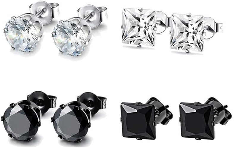 2 Pairs Stainless Steel Square Round CZ Stud Earrings for Women Mens Ear Piercing Earrings - Image 2