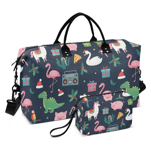 Cartoon Dinosaurs Pig Flamingo Travel Duffel Bag for Men Women with Makeup Bag Weekend Overnight Carry On Bags for Getaway Weekend Travel