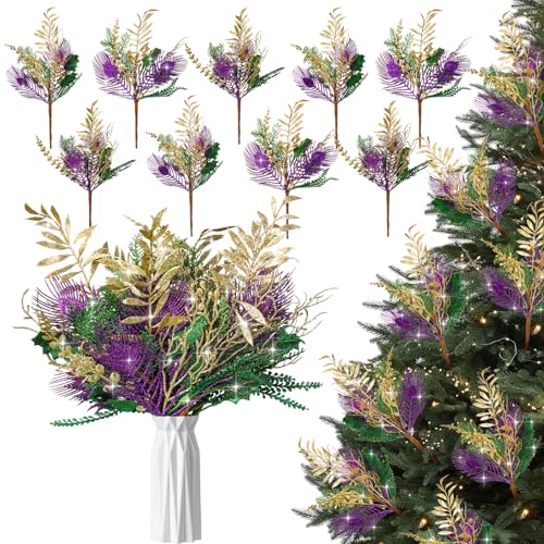 Suncalla 9 Pcs 17.7 Inch Mardi Gras Picks Decoration Centerpieces for Tables Mardi Gras Glitter Picks Purple Green Gold Decor Floral Stems Sprays Artificial Branch for Tree Topper Ornament DIY Decor