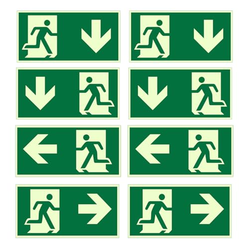 8 Stück Notausgangsschild, 300X150mm, mit Pfeilen nach unten, links und rechts, PVC Selbstklebend Schild Notausgang, Extra Langnachleuchtend, Fluchtwegschild Rettungsweg, für verschiedene Gebäude