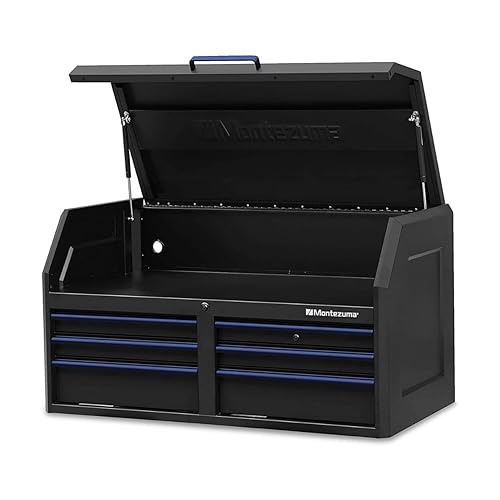 Miniatura 5 de Montezuma Caja de herramientas  Caja de herramientas de 56 x 24 pulgadas con múltiples tomas de corriente y acabado de recubrimiento en polvo negro