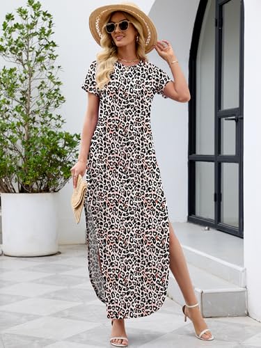 Image of Heymoments Womens Summer Maxi Dress Short Sleeve Casual Loose Long T Shirt Split Vacation Beach Sundress with Pockets