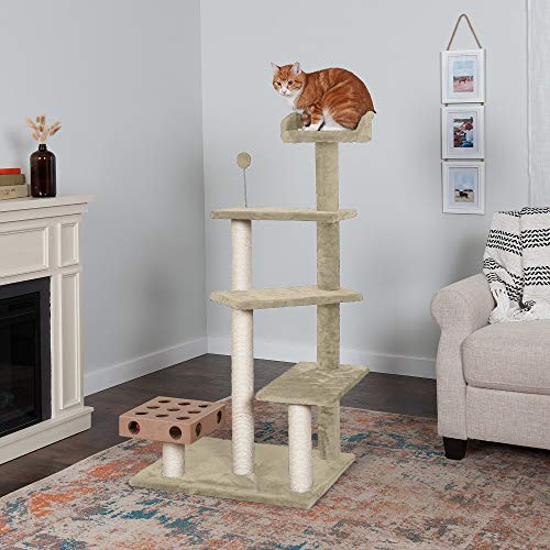 Image of Furhaven 49.5 inch Tall Cat Tree for Indoor Cats, Ft. Sisal Scratching Posts, Plush Ball Toy, & Busy Box Toy - Tiger Tough Play Stairs Interactive Playground Tower - Cream, One Size
