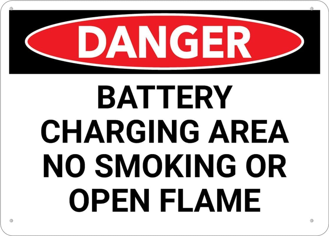 Danger Battery Charging No Smoking Rust Free Aluminum Sign - Pre-Drilled Holes, Waterproof for Garage, Auto Shop - 12x16 Inch​
