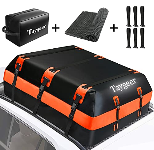 Taygeer Vehicle Cargo Carriers, Waterproof Rooftop Cargo Carrier Upgrade 21 Cubic Soft-Shell Car Top Carrier with Door Hooks and Anti-Slip Mat, Rooftop Cargo Bag for All Cars with/Without Racks