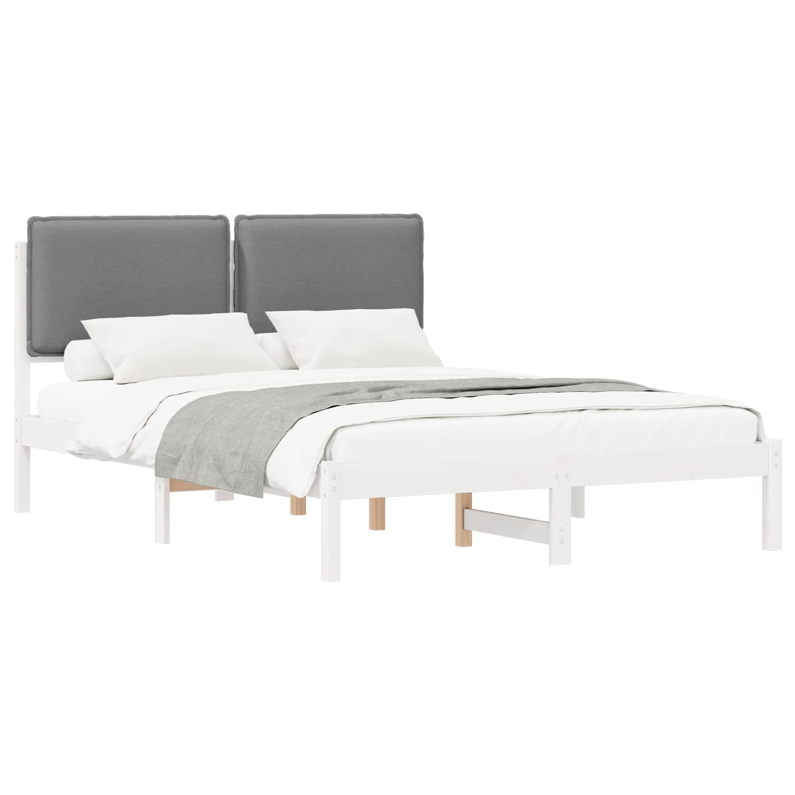 Drewniany z tapicerowanym wezgłowiem nowoczesny Jasnoszary 135 x 190 cm | Ramka łóżka z tapicerowanym wezgłowiem Jasnoszary 135x190 cm drewno sosnowe, nowoczesny design, tapicerka z lnu, miękki