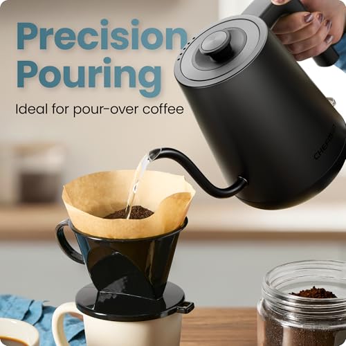 Image of Chefman Gooseneck Electric Kettle, 0.8L Pour Over, Black | One-Touch Operation, Boil-Dry Protection, Auto Shut-Off, Ultra-Fast Hot Water Boiler, For Coffee and Tea