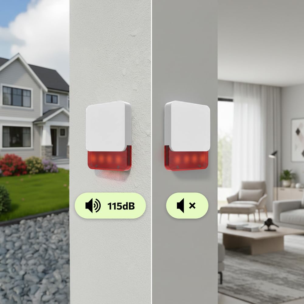 Sirène sans Fil intérieur & extérieur – 115 DB avec Flash Lumineux HXA-SB120 – Protection Anti-Sabotage – Sirène Alarme Maison compacte pour système de sécurité HUXGO
