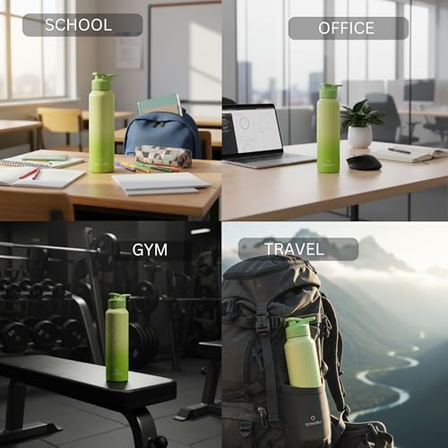 Image of Speedex Stainless Steel Metal Water Bottle 1 Ltr 1000 ml, BIS Approved, Leak Proof Sipper Cap Bottle for Office, School, Gym, Travel, Daily Use for Men, Women, Kids, Adults, Lime Green, Set of 3