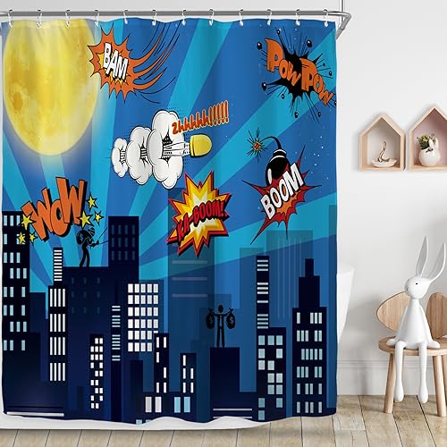 Riyidecor American Comics Style Super Hero Shower Curtain Night Buildings Scene Cityscape City Moon Cartoon Skyline Kids Boys Art Decor Fabric Polyester Waterproof 72x72 Inch 12 Pack Plastic Hooks